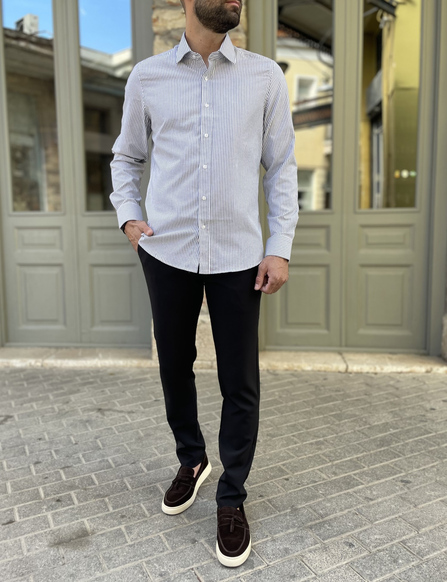 Ανδρικό πουκάμισο με γιακά λευκό με γκρι ρίγα 2097G φωτογραφία